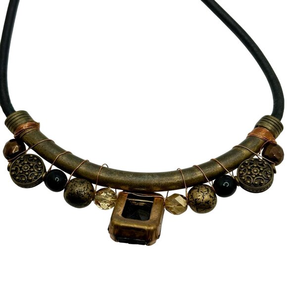 Chico's Necklace Jewlery Statement 22" Vintage Brass Tone Black Stone Corded - Picture 7 of 11